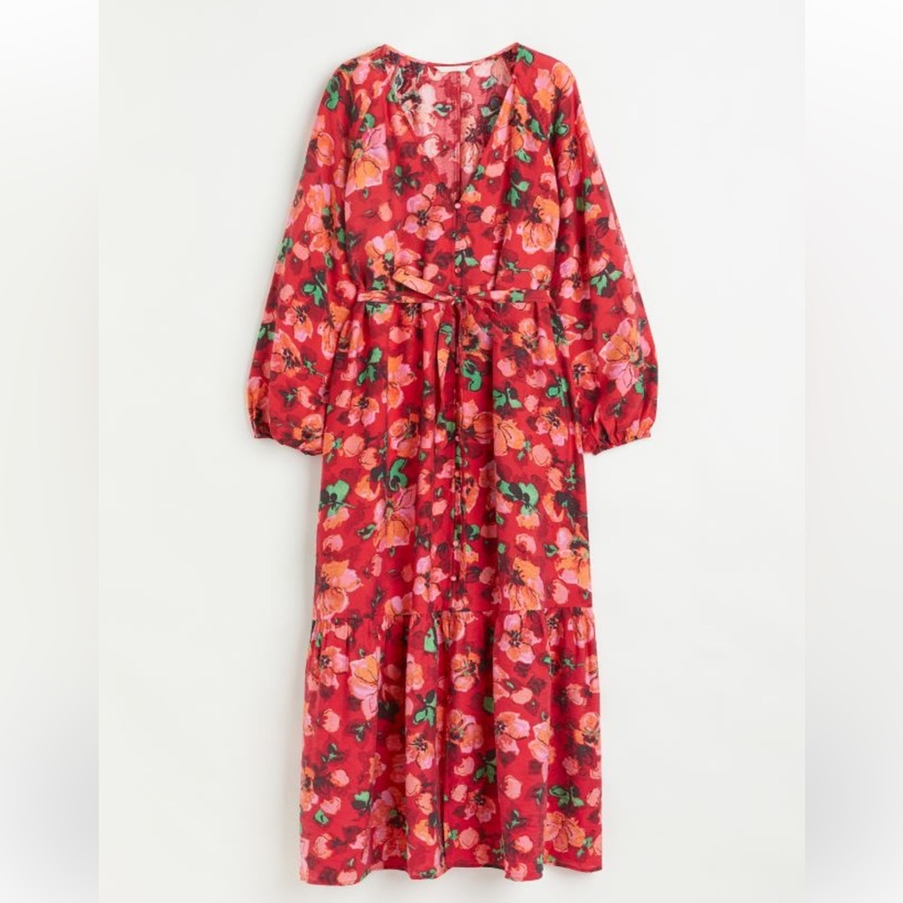 h&m Tie Belt Balloon Sleeve Dress - Floral